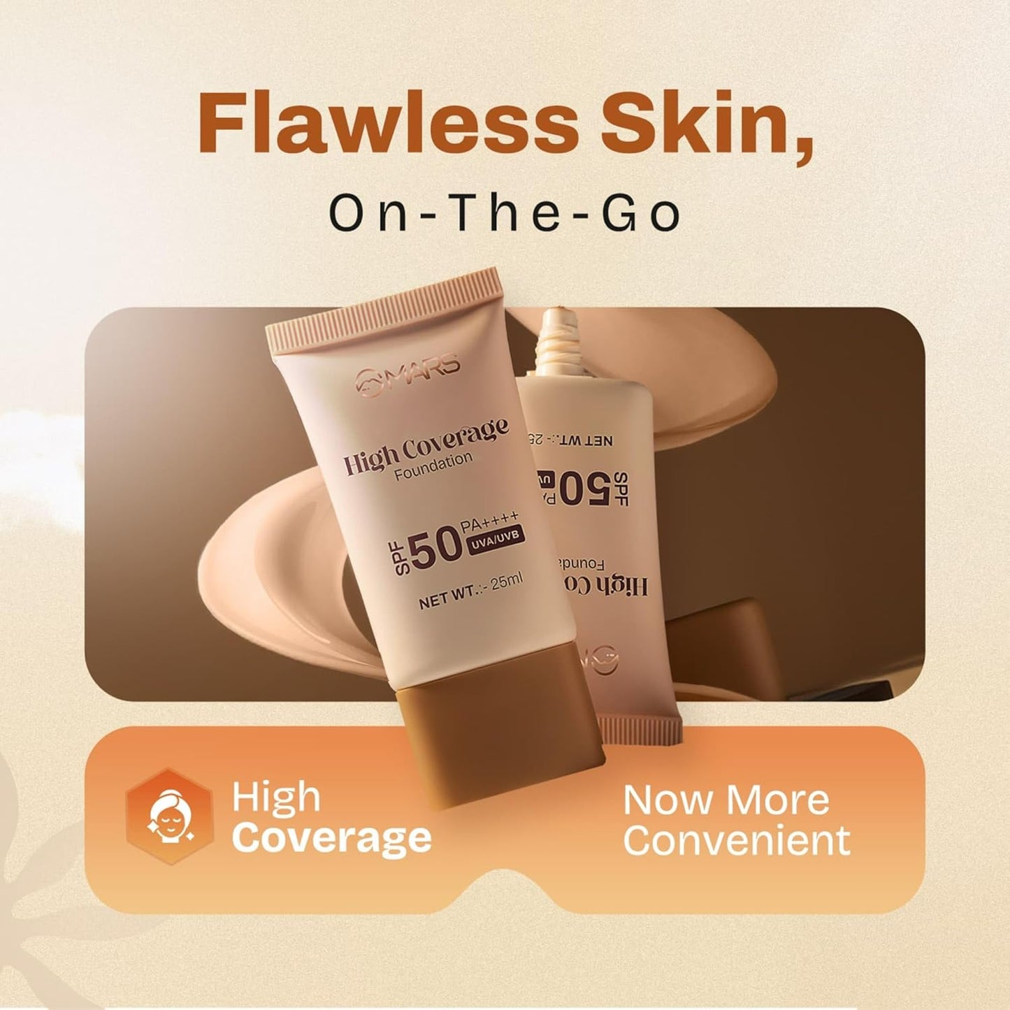 MARS SPF50 PA++++ High Coverage Foundation (25ml) (01-Ivory Glow) | Blemish Free & Blendable Makeup | For All Skin Type | IN-VIVO Tested with 5 Star UVA+UVB Protection Boots Rating