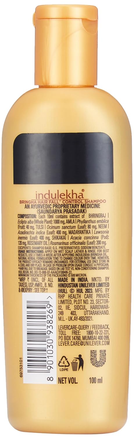 Indulekha Bringha Ayurvedic Shampoo 100 Ml, For Hair Fall Control, With Bringharaj Extracts, Amla, Shikakai - Paraben Free, For Men &