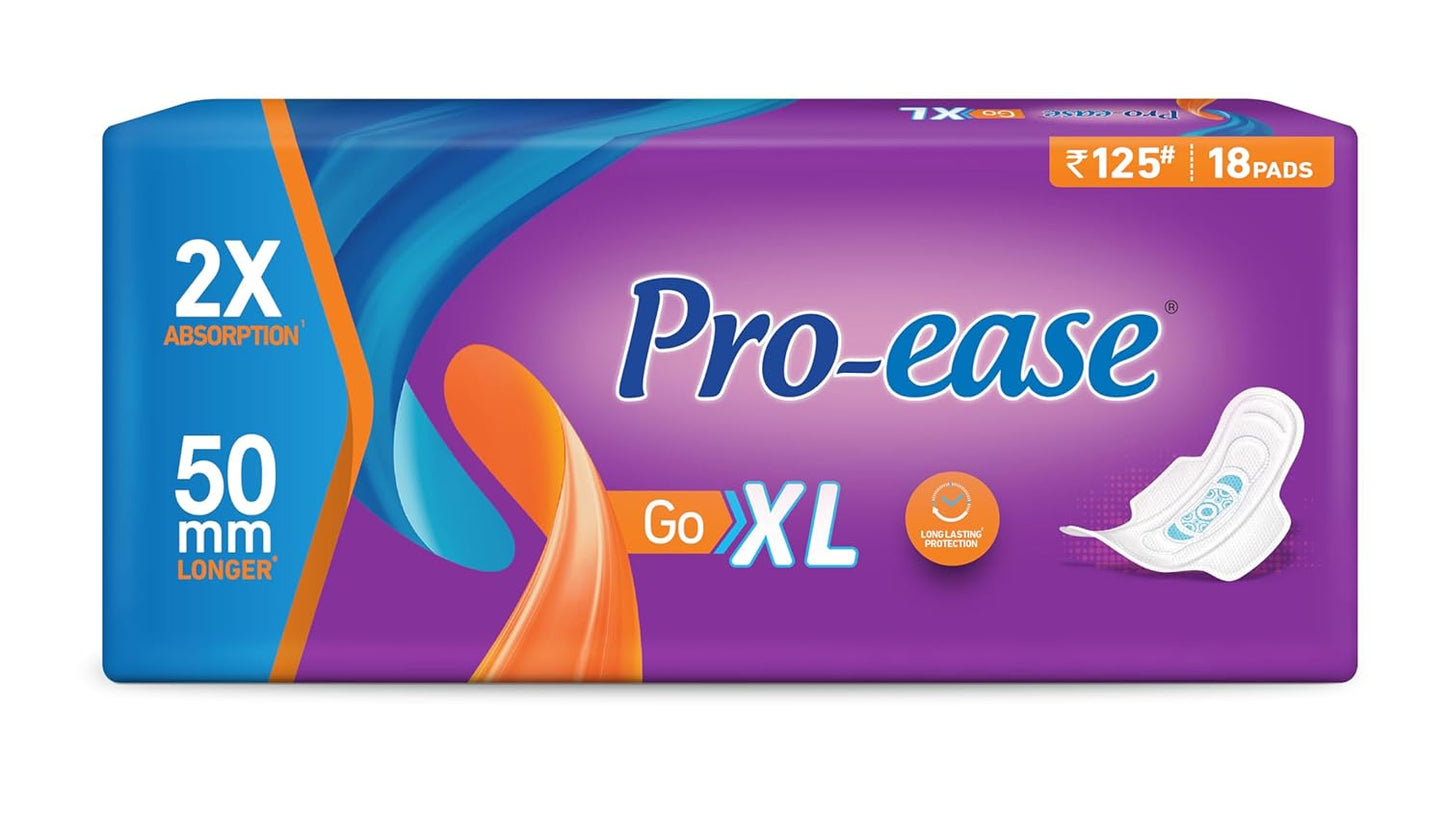 Pro Ease GO XL Sanitary Pads | Pack of 18 | For Women | 30% More Absorption** | 18% Bigger ** | Odour Control | Superior Dry Feel | Secure Sticking