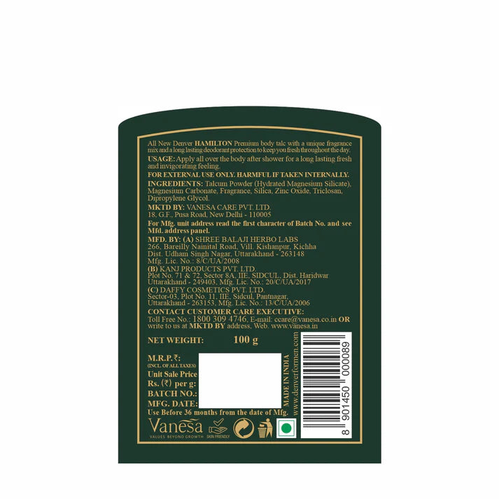 DENVER Hamilton Premium Body Talc - 100GM | Scented Talcum Powder for Men