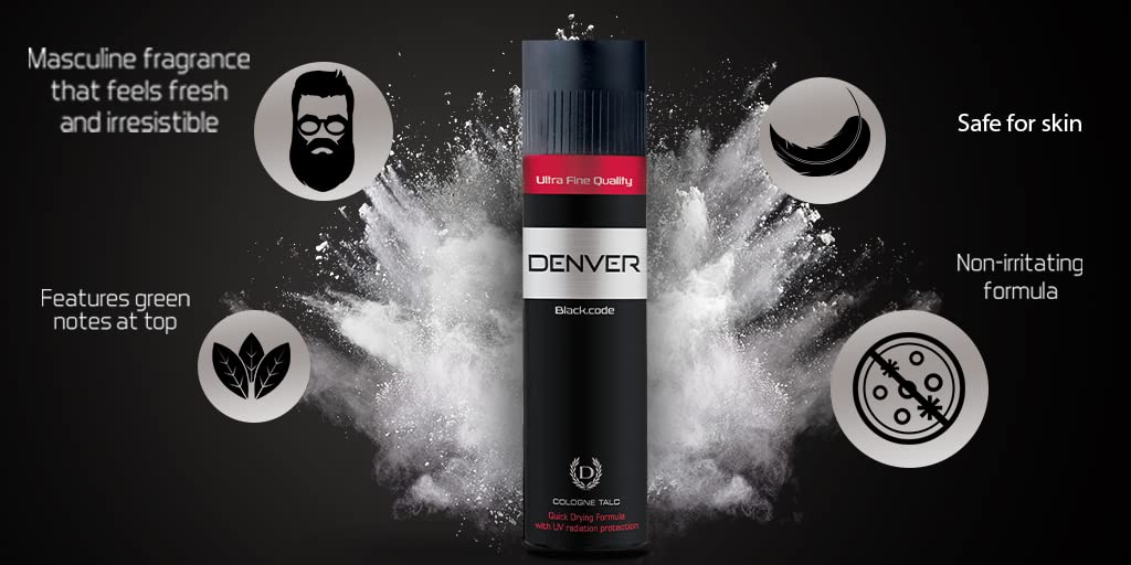 DENVER Black Code Cologne Talc - 100GM | Scented Talcum Powder for Men