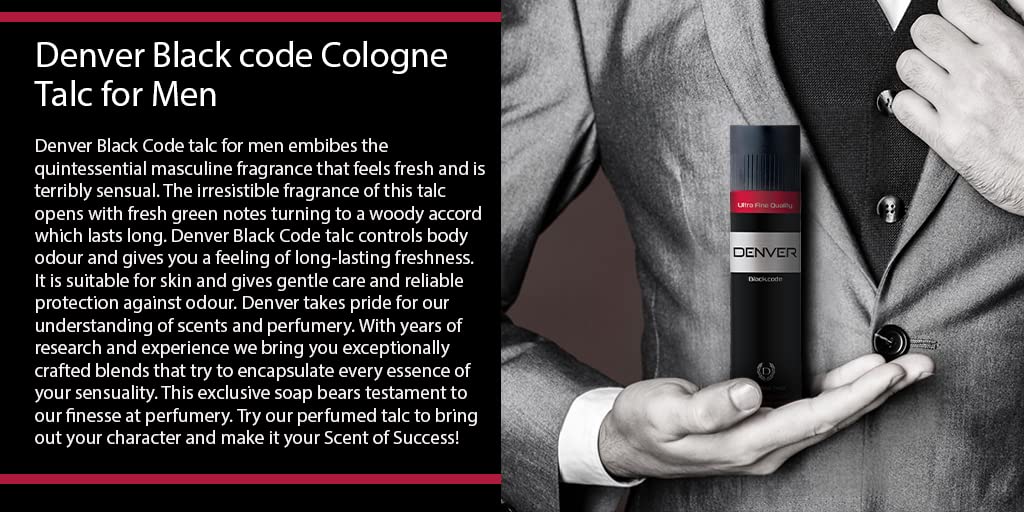 DENVER Black Code Cologne Talc - 100GM | Scented Talcum Powder for Men
