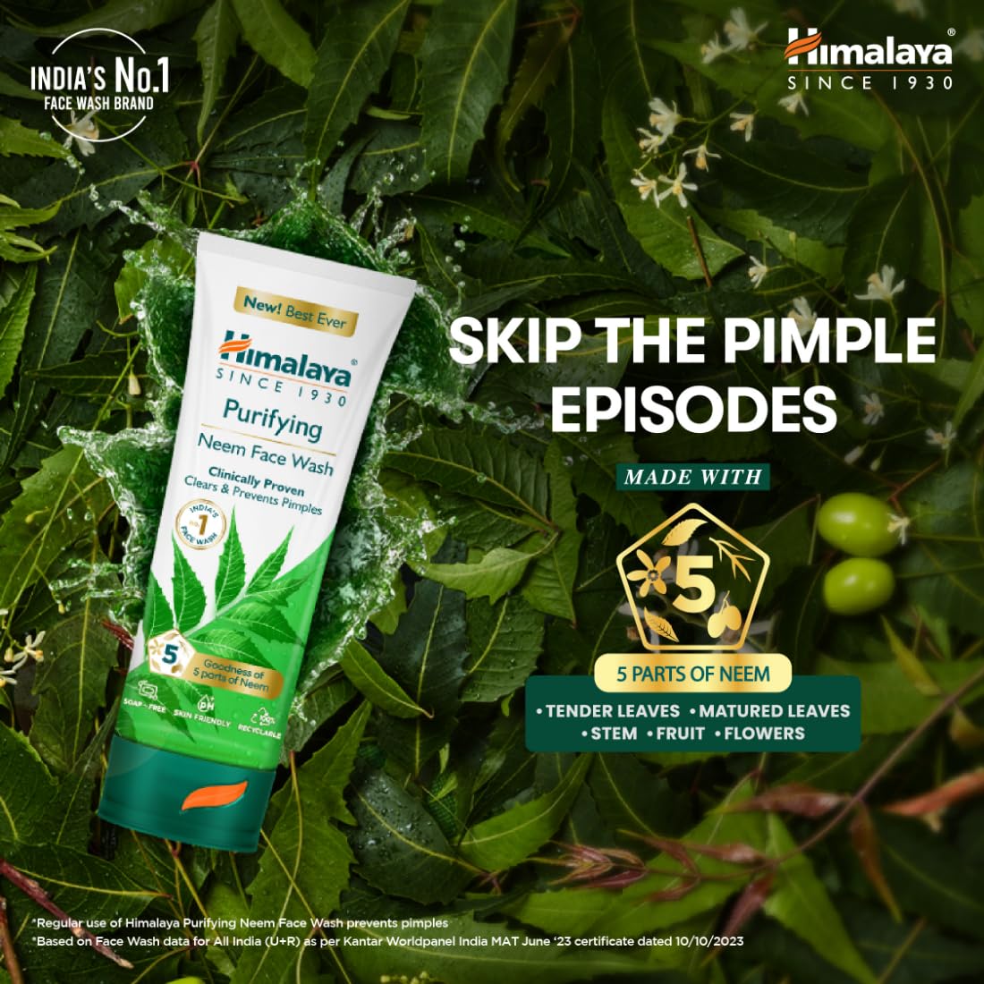 Himalaya Purifying Neem Face Wash|Clears and Prevents Pimples & Acne|Made with 5 parts of Neem|New & Best Ever clinically Proven formula|Gently Cleanses|For men and women|100 ml