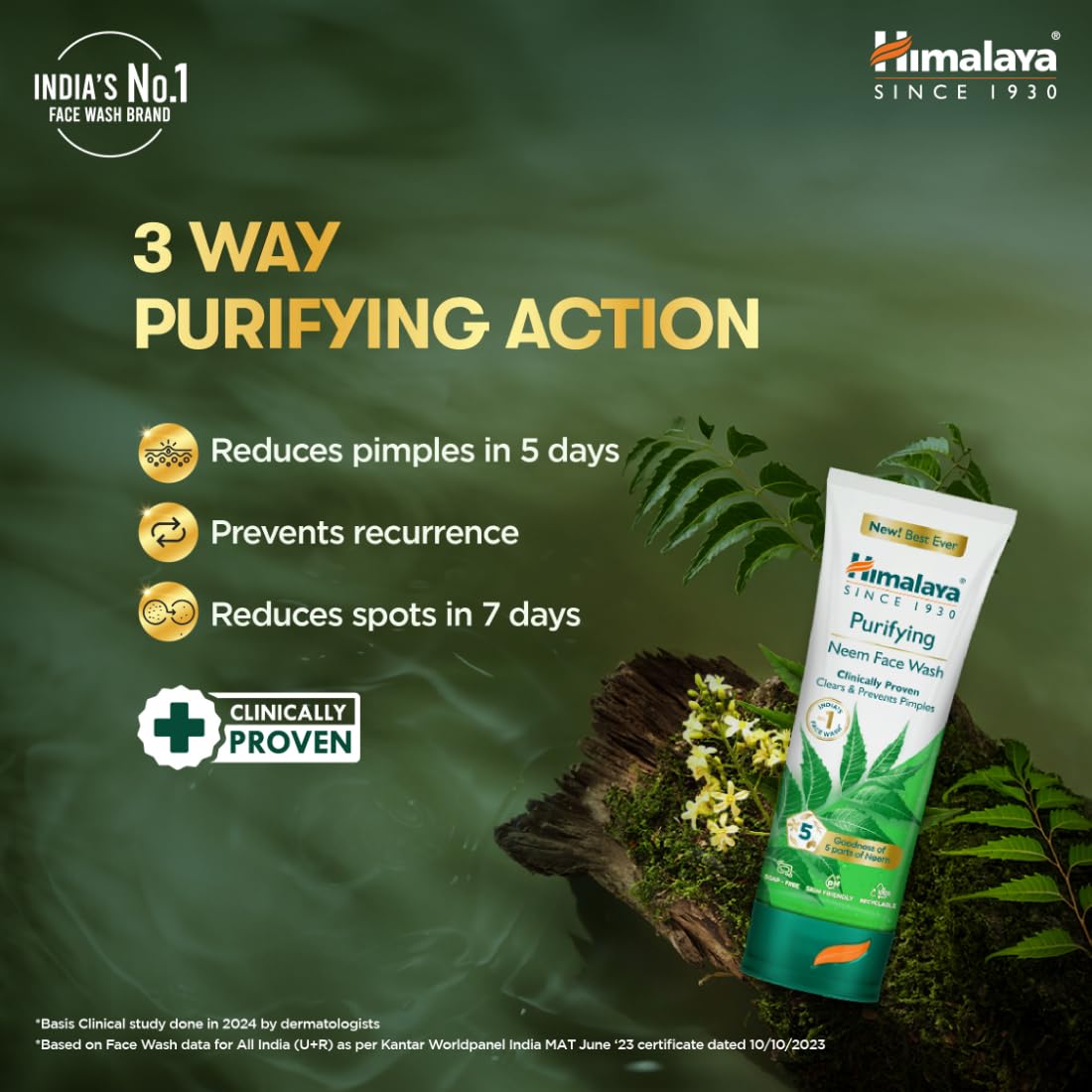 Himalaya Purifying Neem Face Wash|Clears and Prevents Pimples & Acne|Made with 5 parts of Neem|New & Best Ever clinically Proven formula|Gently Cleanses|For men and women|100 ml