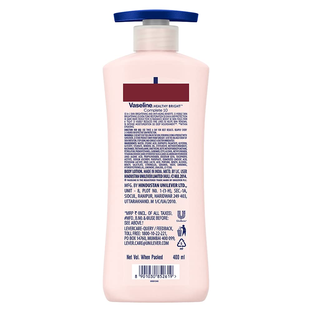 Vaseline Healthy Bright Complete 10 Body Lotion, Anti- Ageing Lotion With Vitamin B3, Aha, Pro-Retinol, 400 ml
