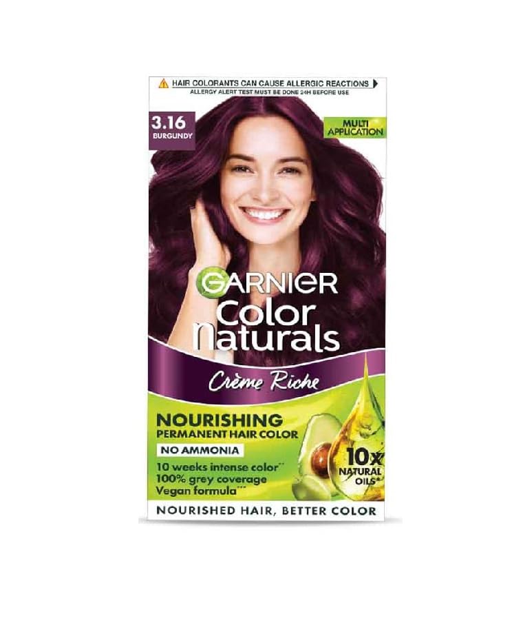 Garnier Color Naturals Burgundy Hair Color – Shade 3.16 | Ammonia-Free Cream Dye with 5 Oils | 100% Grey Coverage | Salon Finish at Home | Mini Pack 35ml + 30g (Set of 1)