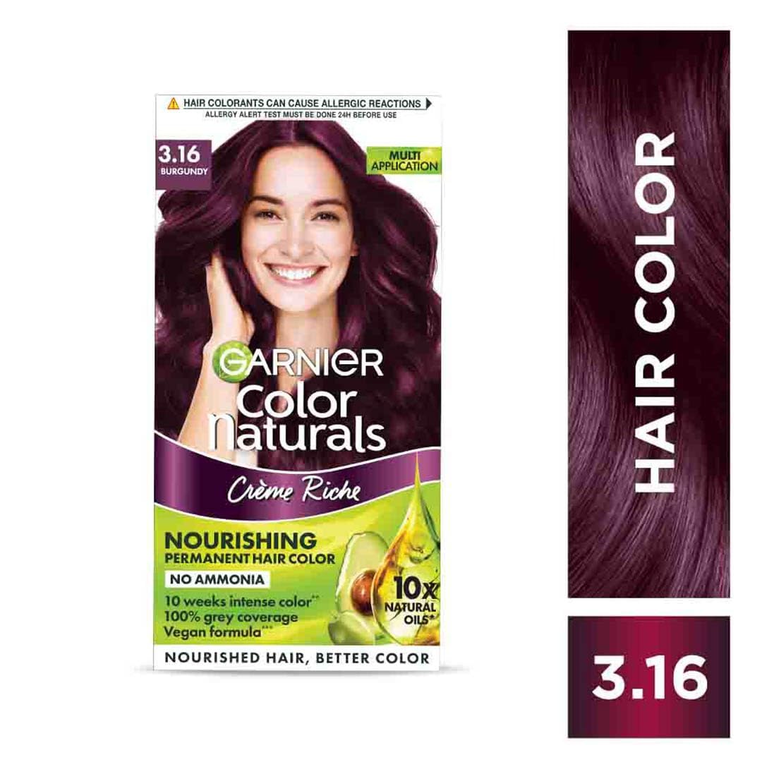 Garnier Color Naturals Burgundy Hair Color – Shade 3.16 | Ammonia-Free Cream Dye with 5 Oils | 100% Grey Coverage | Salon Finish at Home | Mini Pack 35ml + 30g (Set of 1)