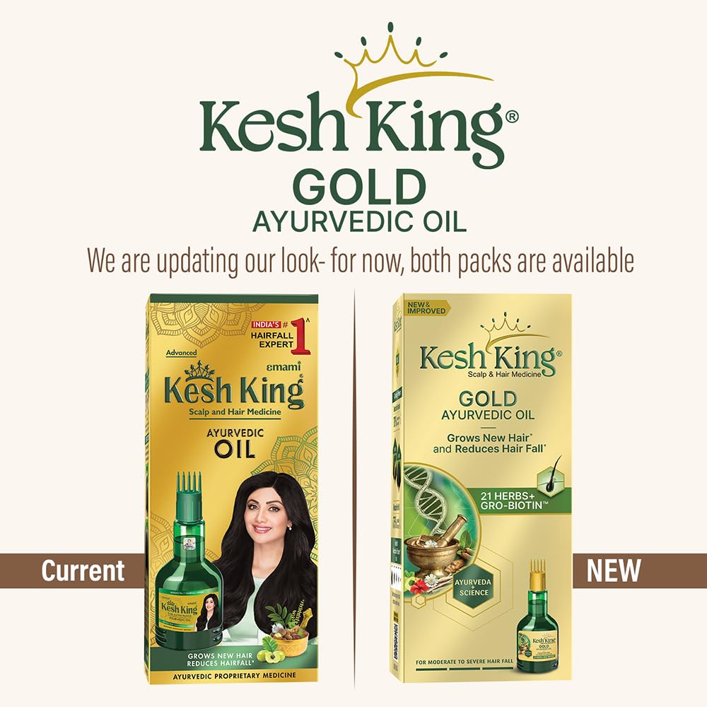 Kesh King Gold Ayurvedic Hair Oil with 21 Herbs and Gro-Biotin, Helps Grow New Hair and Reduce Hair Fall, Comes with a Hairfall Reduction Tracker, 100ml