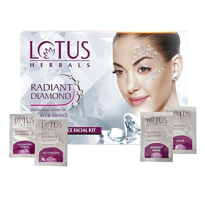 Lotus Herbals Radiant Diamond Cellular Radiance Facial Kit | With Diamon Dust & Cinnamon |Suitable For All Skin Types | Whitening & Tightening Facial Kit (Pack of 1) 37gm