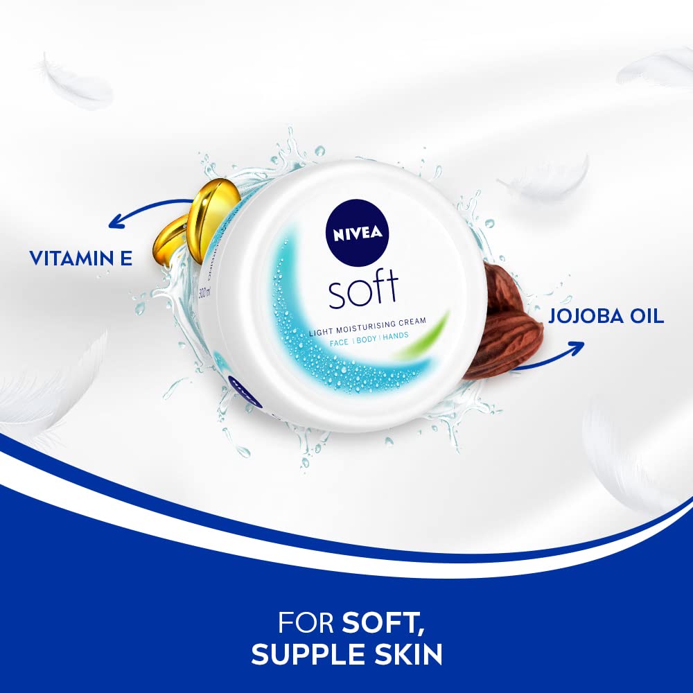 NIVEA Soft Light Moisturizer for Face, Hand & Body, Non-Sticky Cream with Vitamin E & Jojoba Oil, 200 ml