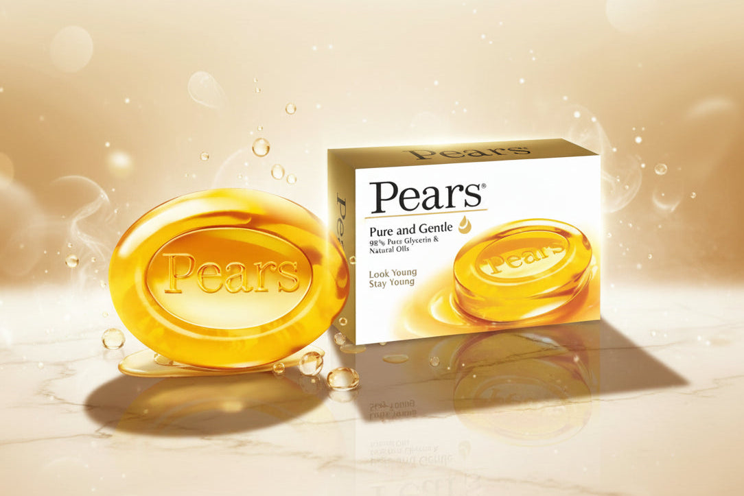 Pears soap bar and packaging on a white background