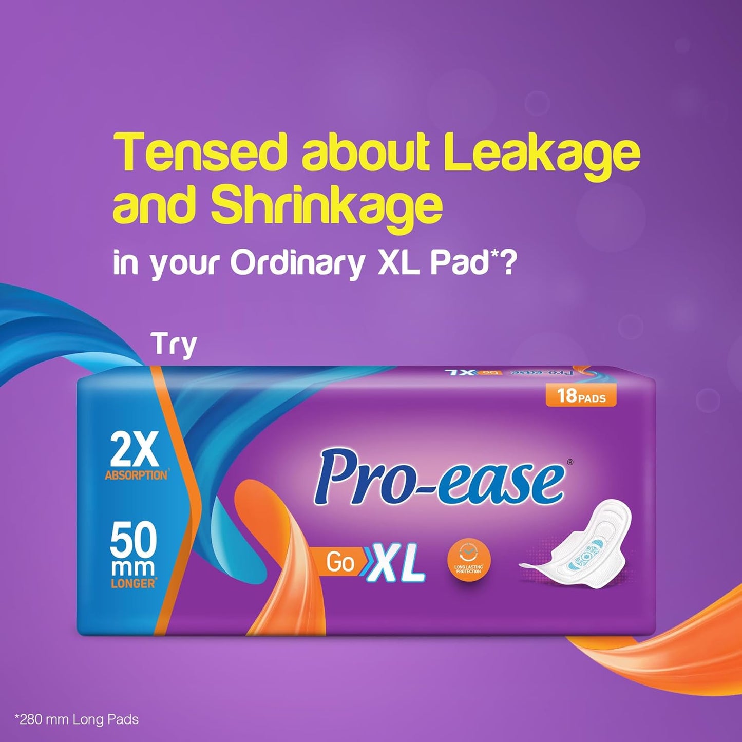 Pro Ease GO XL Sanitary Pads | Pack of 18 | For Women | 30% More Absorption** | 18% Bigger ** | Odour Control | Superior Dry Feel | Secure Sticking