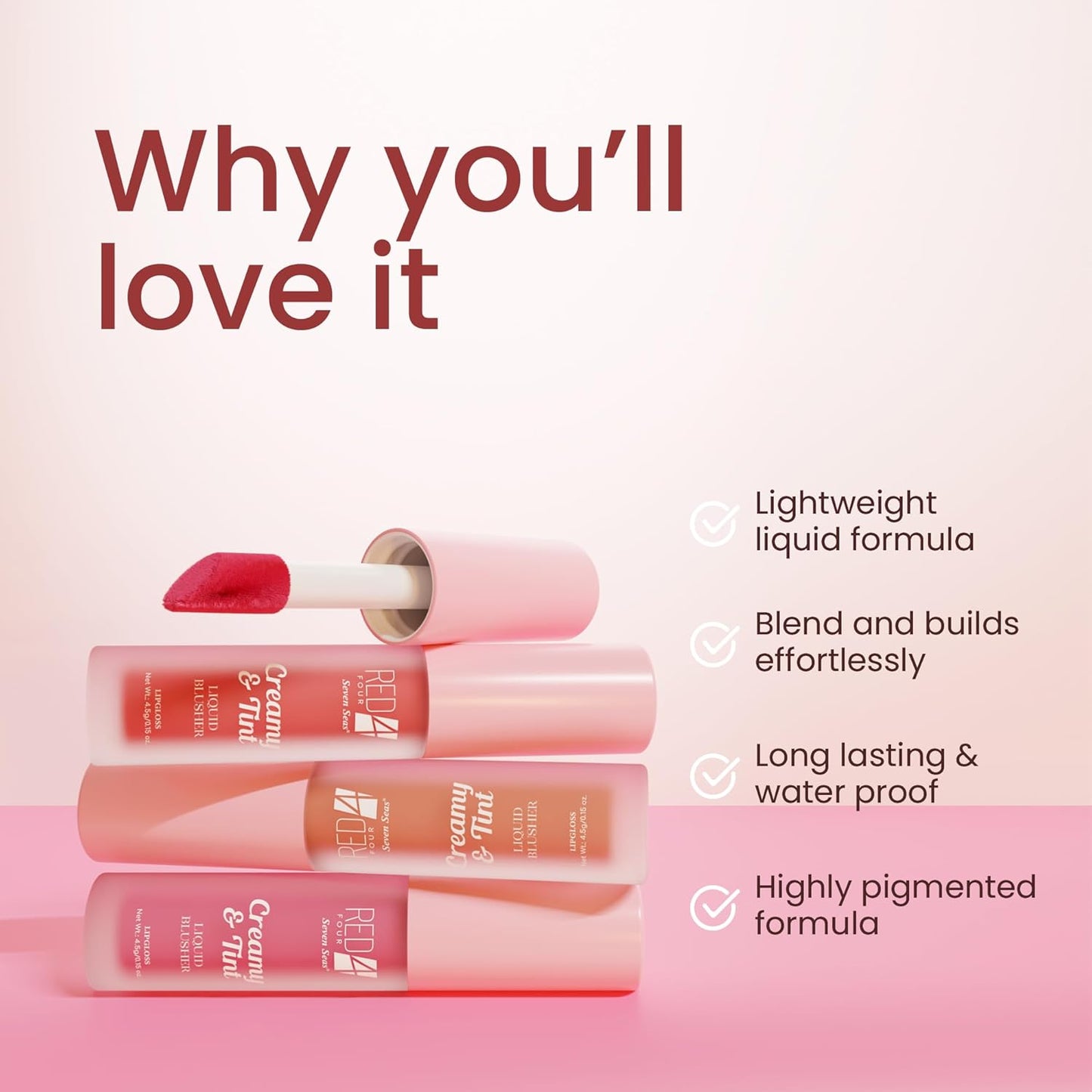 RED4 Creamy & Tint Liquid Blush and Lip Gloss | Lightweight Formula | Waterproof | Highly Pigmented | Liquid Blushser (02, 5gram)