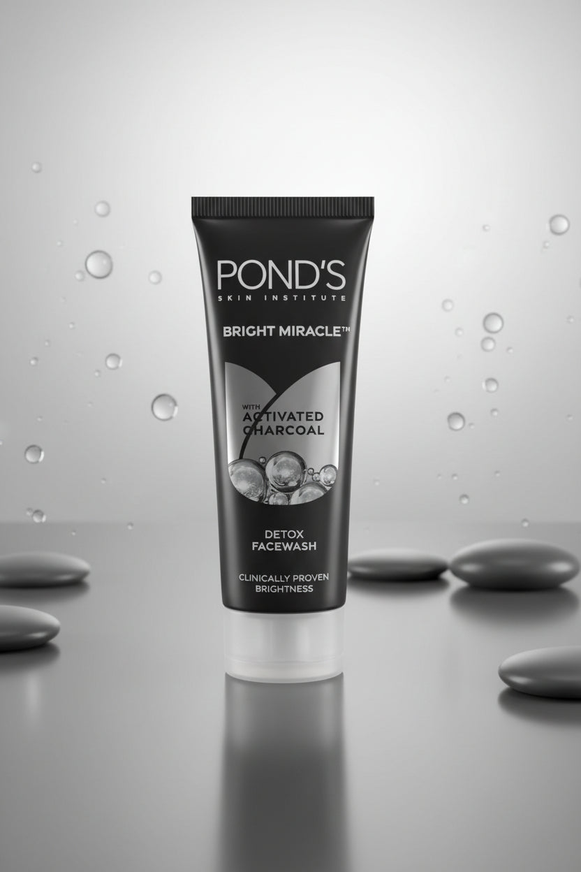 Ponds Bright Miracle Detox Facewash being held in a hand with a blurred background