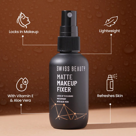 Swiss Beauty Matte Makeup Fixer Spray | Long lasting , Waterproof Setting Spray | Enriched with Vitamin E and Aloevera | Keeps Makeup Intact for 16 Hours , Refreshes skin - 70 ml
