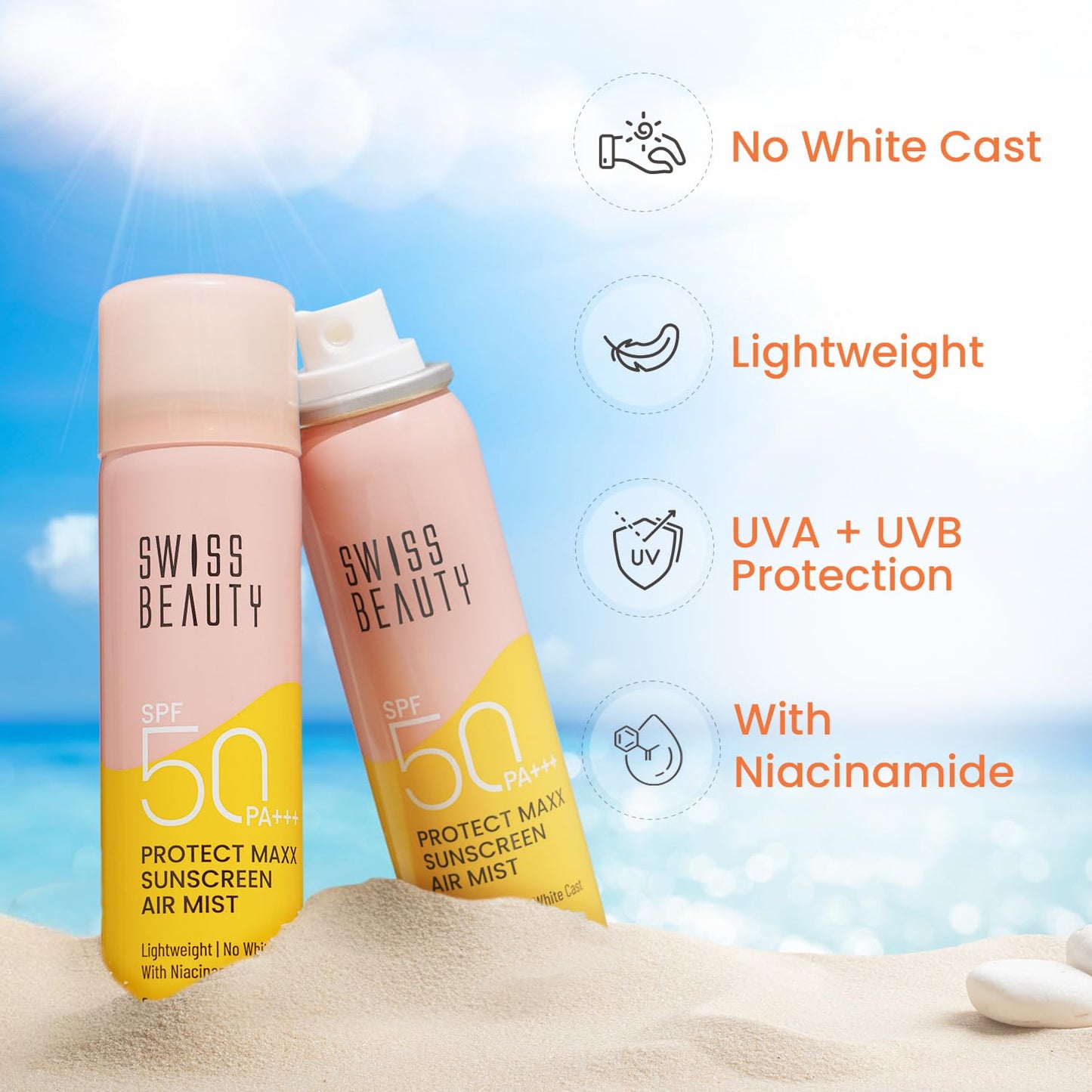SWISS BEAUTY Protect Maxx Sunscreen Air Mist | SPF 50 PA+++ | With Niacinamide | UVA+UVB Protection For All Skin Type | Even Over Makeup | For Face & Body | 80ml