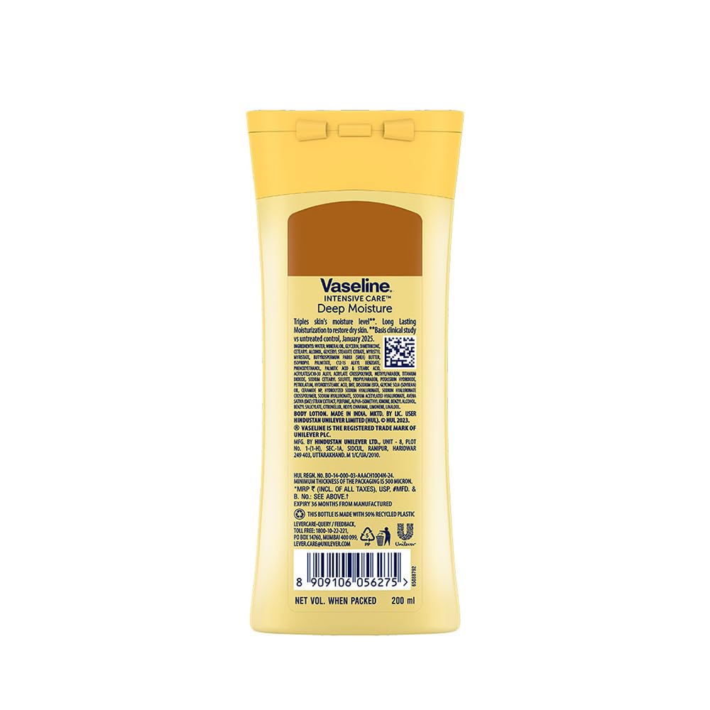 Vaseline Deep Moisture Body Lotion with Ceramide Hyaluron Moisture Fillers | 10X More Moisture for Cushion Soft Glowing Skin | For Dry Skin | Lightweight Non-Sticky Formula | 200ml