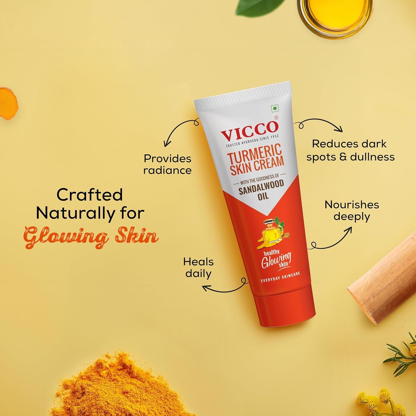 Vicco Turmeric Skin Cream with Sandalwood Oil | Natural Ayurvedic Skin Brightening Cream for Healthy & Glowing Skin | Suitable for All Skin Types | [30gm | Pack of 1]