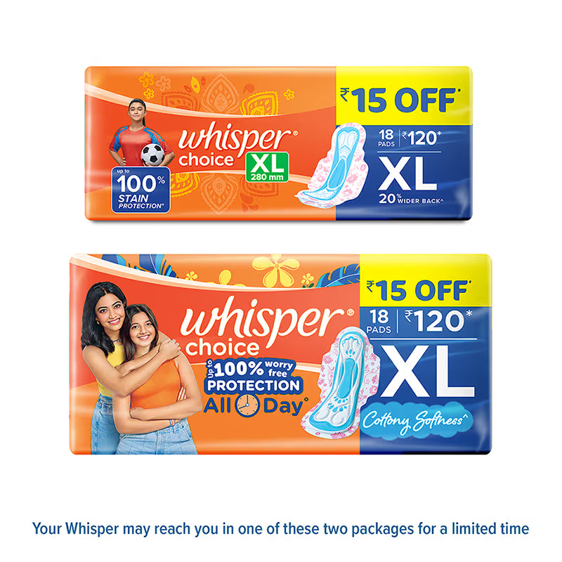 Whisper Choice XL thick Sanitary Pads - upto 100% Stain protection with side safe Wings- 16 Pads 2 Free Pads