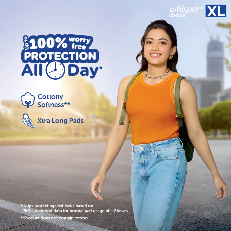 Whisper Choice XL thick Sanitary Pads - upto 100% Stain protection with side safe Wings- 16 Pads 2 Free Pads