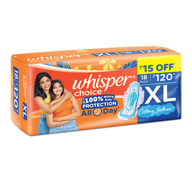 Whisper choice XL sanitary pads packaging on a white background