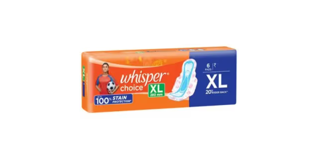 Whisper Choice XL thick Sanitary Pads upto 100% Stain protection with side safe Wings- 6 Pads 1 Free Pads