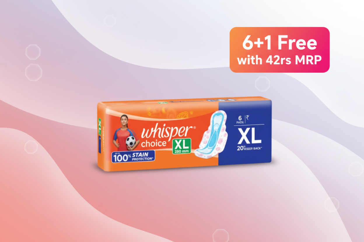 Whisper Choice XL thick Sanitary Pads upto 100% Stain protection with side safe Wings- 6 Pads 1 Free Pads