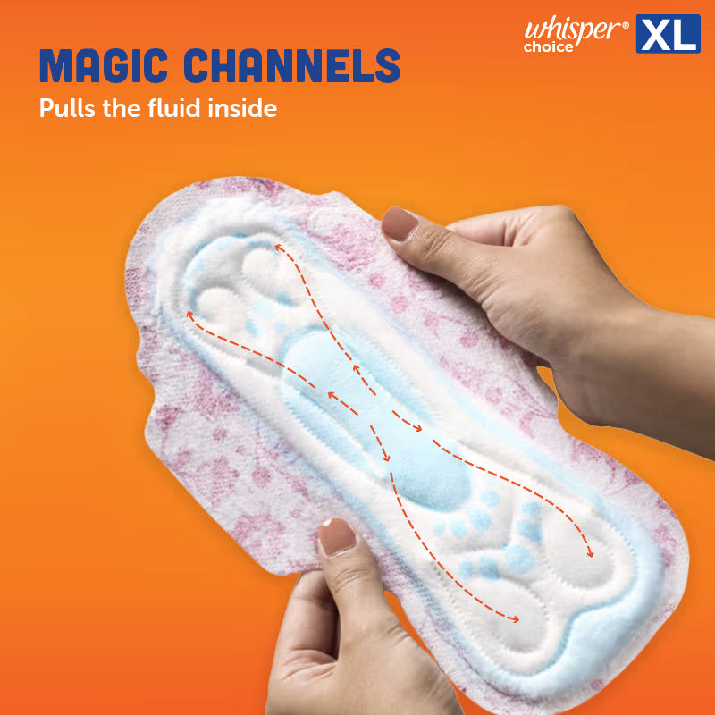 Whisper Choice XL thick Sanitary Pads - upto 100% Stain protection with side safe Wings- 16 Pads 2 Free Pads